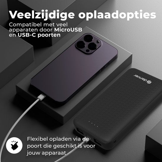 Denver Powerbank 10000 mAh - Mit Batterieanzeige - USB - Micro USB - Universal Powerbank für Apple iPhone / Samsung, u.a. - Schwarz - PBS10010B