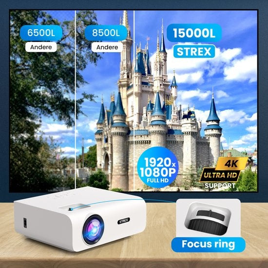 Strex - Beamer - 1080P Full HD - 15000 Lumen - Kabellos - Inklusive Tasche/Projektionsleinwand - WiFi - Bluetooth - Weiß