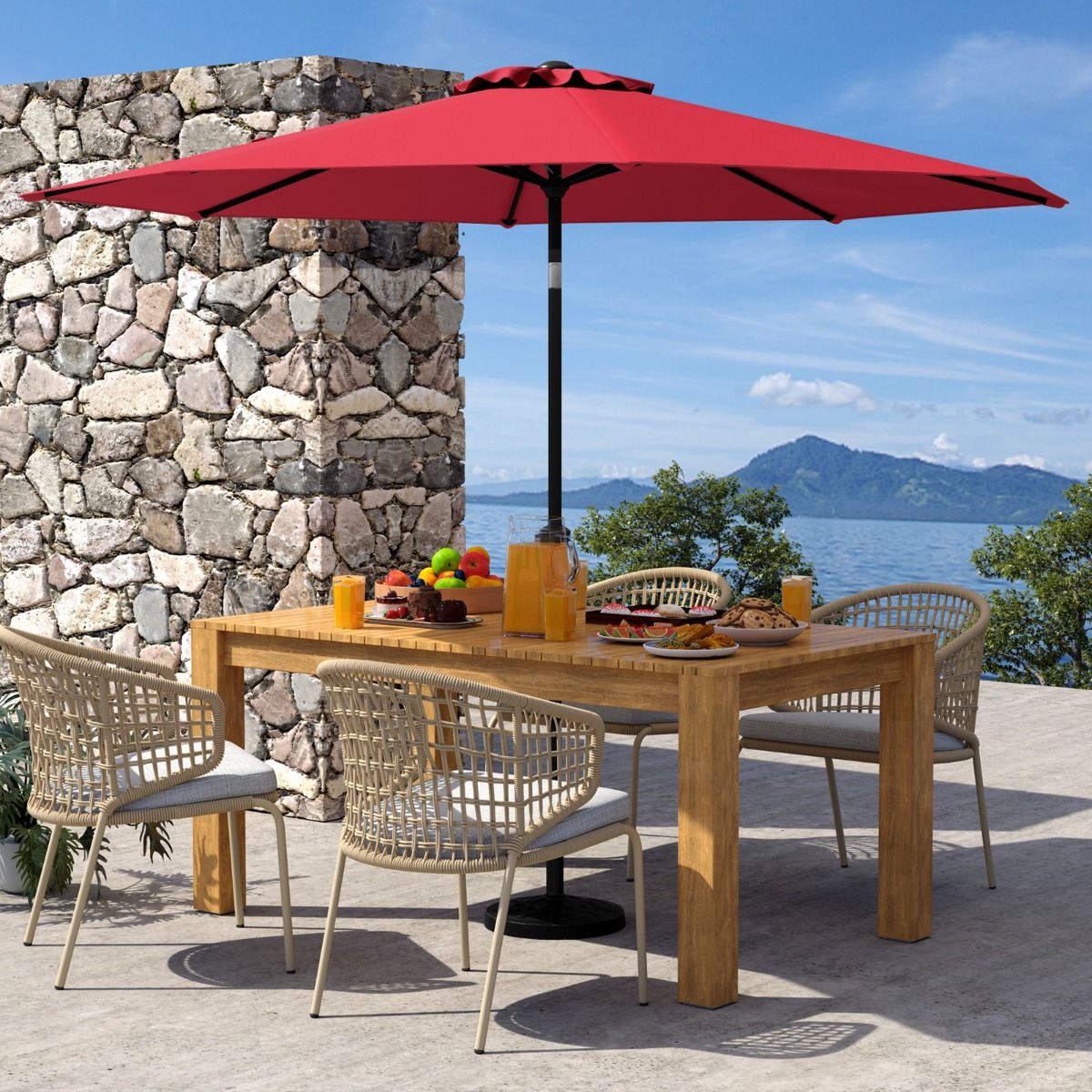 Coast 303 cm Runder Terrassen-Sonnenschirm Rot - Kippbarer Sonnenschirm mit Kurbel & 8 Ballen, doppellagig