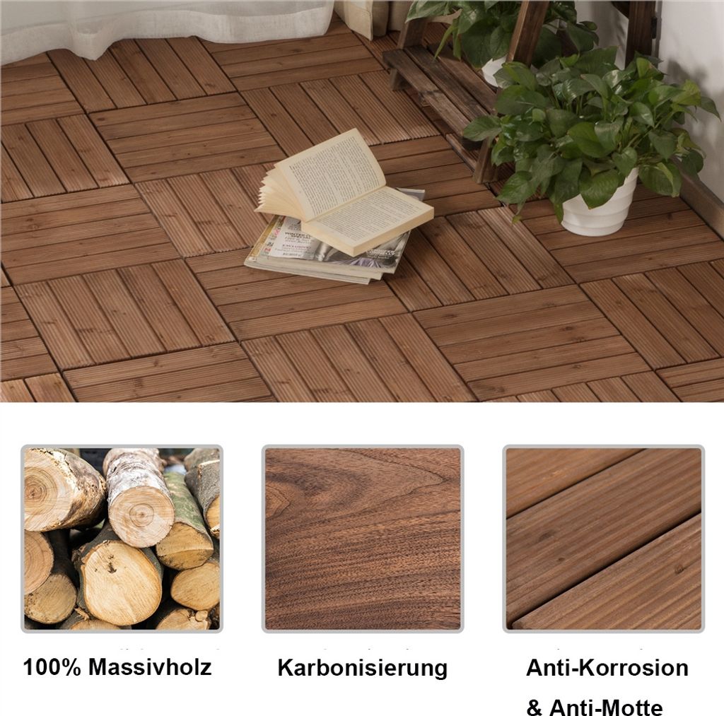 Yaheetech Holz-Klickfliesen – 11 Stück – ca. 1 m² – 30 x 30 cm – Braun