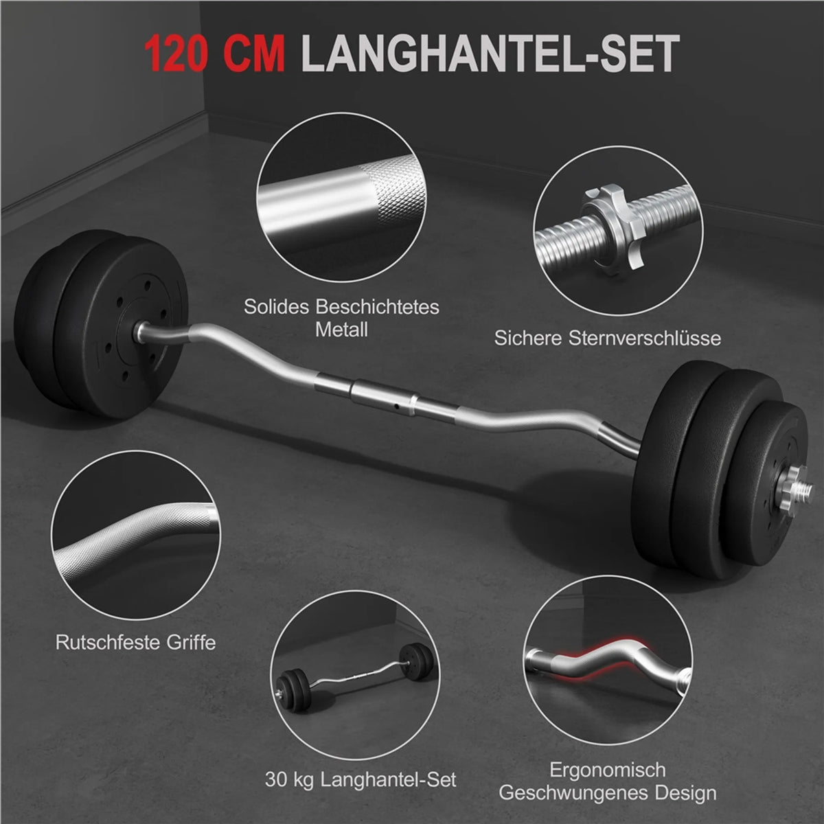 Yaheetech EZ-curl Hantelset 30 kg - Ausgestattet mit verchromter Curl-Stange und 6 Betongewichtsscheiben und Schlössern - Für Krafttraining und Muskelaufbau - Schwarzes Metall, Kunststoff und Beton - 120 x 26 x 26 cm