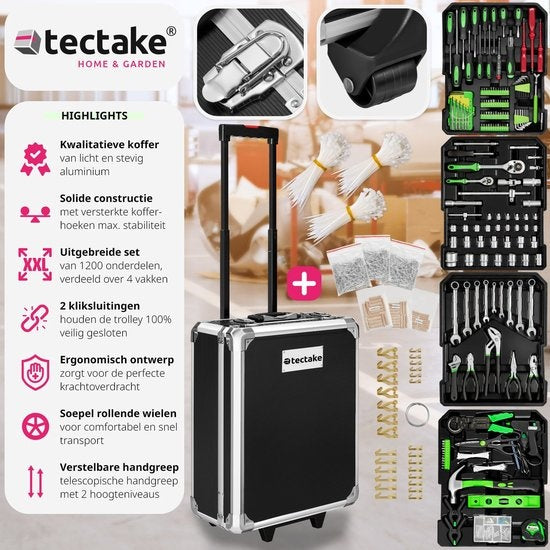 tectake Werkzeugkoffer, Werkzeugset, Werkzeugkoffer gefüllt 1200-teilig, Werkzeugwagen, 4-Ebenen-Werkzeugkoffer, Aluminiumkoffer mit Rollen und Teleskopgriff - schwarz