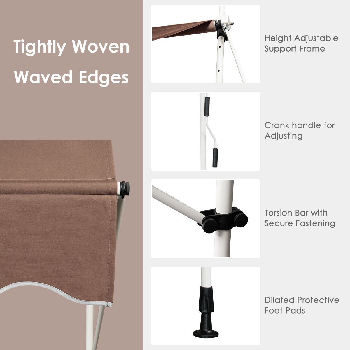 Coast Klemmarkies 150 cm – Ausziehbare Markise – Höhenverstellbar – UV-beständig – Kaffeebraun