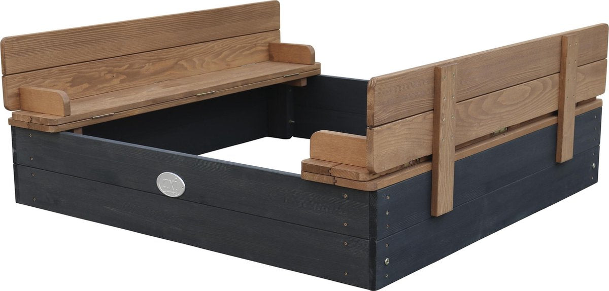 AXI Ella Sandkasten aus Holz 100 x 95 x 20 cm – Anthrazit/Braun – Mit Deckel und 2 Sitzbänken – FSC-zertifiziertes Hemlock-Holz