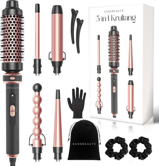 Sansbeauté® 5 in 1 Thermobürste - Wärmebürste - Thermobürste 38mm mit Aufsätzen - Lockenbürste - Föhnbürste kurzes Haar - Lockenstab - Haarbürste - Thermobürste - Multistyler - Hairstyler - Volumen und Locken