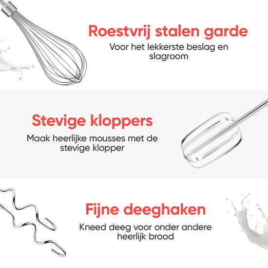 Kitchenwell - Handrührgerät - 10 Geschwindigkeitsstufen mit Turbofunktion - Knethaken und Rührbesen - Aufbewahrungshalter - schwarz