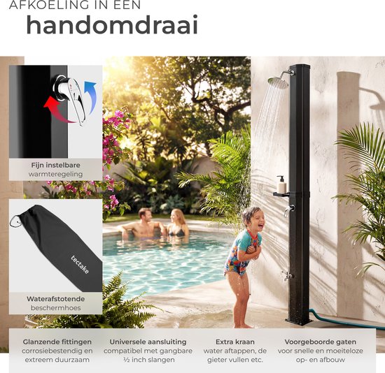 tectake® Außendusche – Solar – 35 l – Warmwasser bis 60 °C – Mit Schutzhülle und Seifenschale – Gartenschlauchanschluss – Gartendusche mit großem, verstellbarem Duschkopf und Fußhahn – Solardusche – Campingdusche mit Solarenergie – Schwarz
