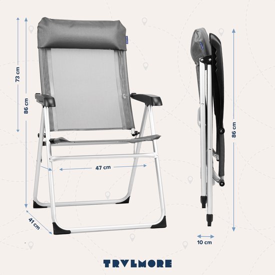 TRVLMORE Campingstuhl - 5 Positionen - Klappbarer Campingstuhl - 110 kg Belastbarkeit - Angelstuhl - Klappstuhl - Grau