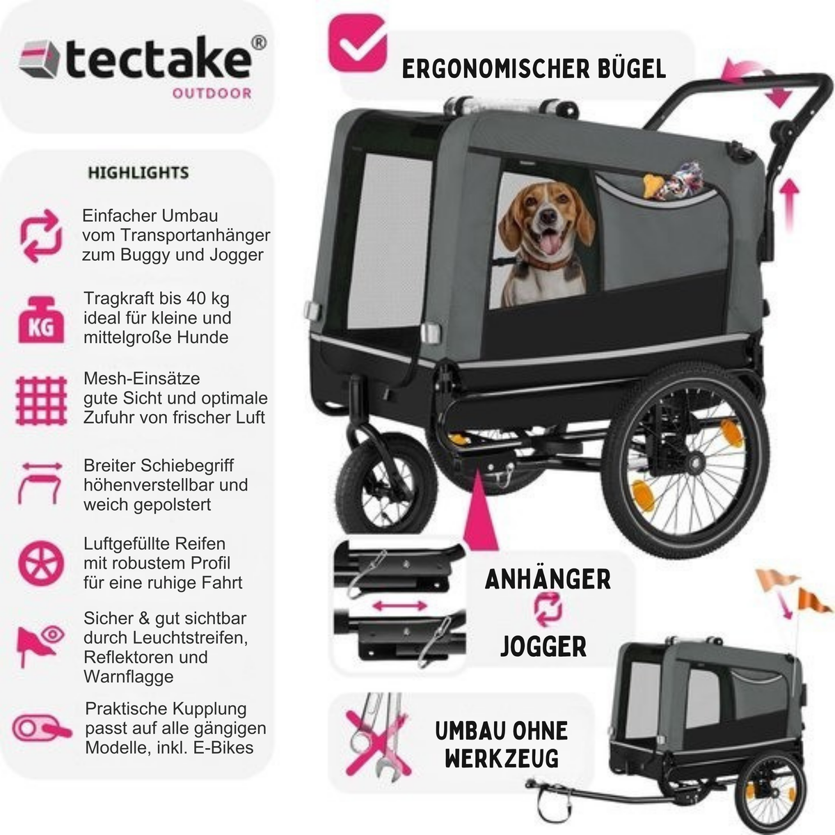 Tectake Fahrradanhänger für Hunde - Zusammenklappbar - Bis zu 40 kg - Grau