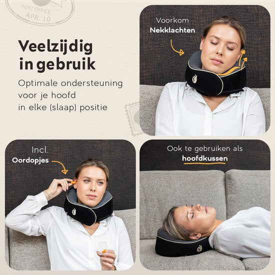 TRAVARA Nackenkissen - Reisekissen - Für Flugzeug - Auto - Memory Foam - Mit Ohrstöpseln - Schwarz