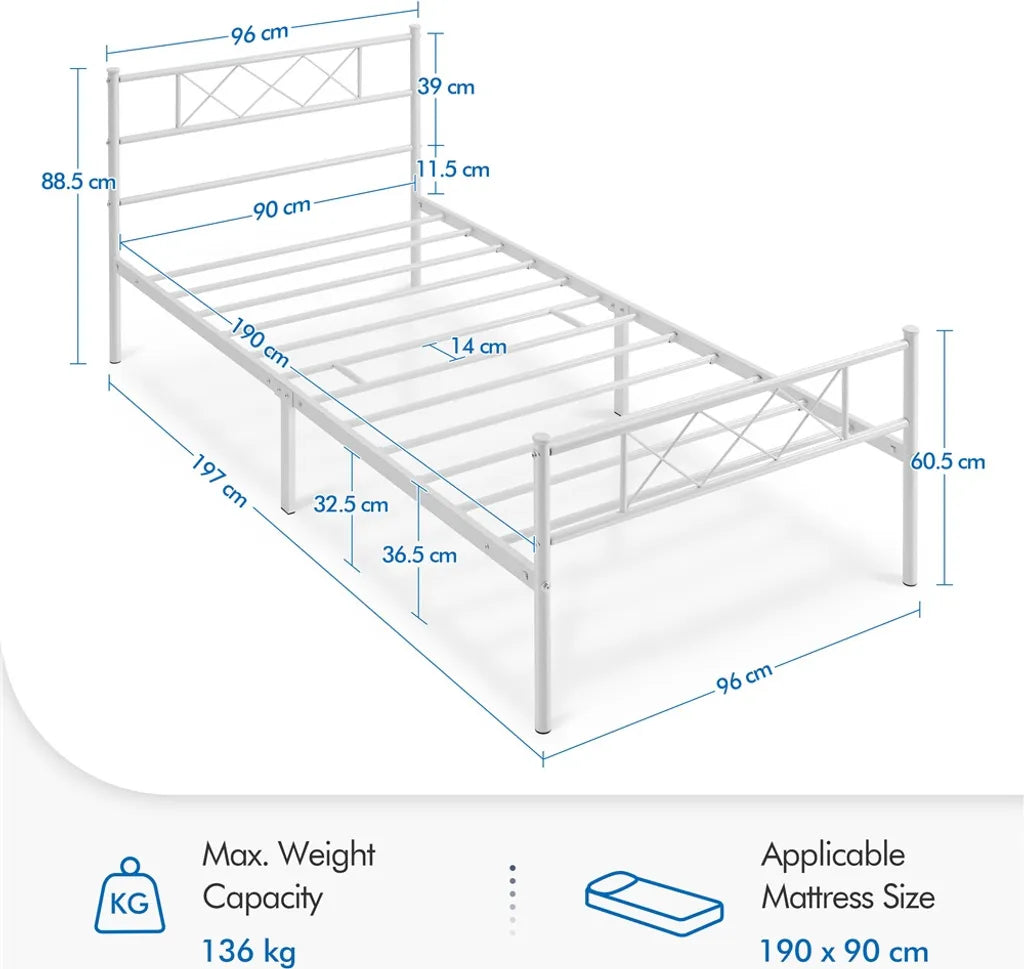 Yaheetech Bettrahmen 90 × 190 cm - Weißes Metall - Einzelbett mit X-Design Kopfteil, Lattenrost und 32,5 cm Stauraum