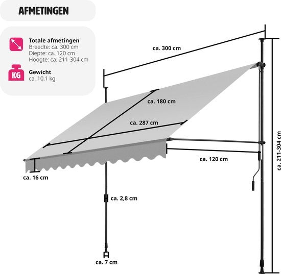 tectake - Klemmmarkise - Sonnenschirm - Markise - Verstellbar - Klemmmarkise - Sonnenschirm Balkon - 300 x 180 cm - hellgrau - Markise - 404963