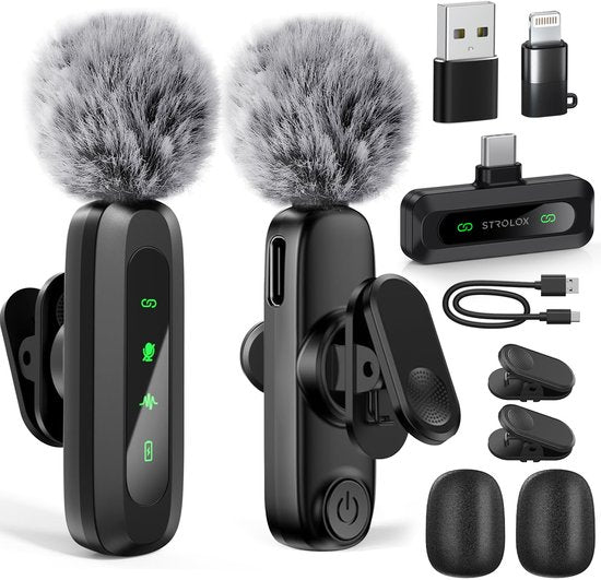 Strolox® Drahtloses Mikrofon Pro – 2 Stück – Lavalier – Windschutz – Anstecknadel – Langlebige Batterie – USB-C/Lightning – Plug & Play