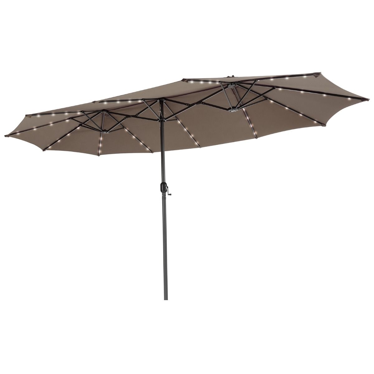Coast Doppelseitiger Terrassenschirm 470 x 280 cm – 48 LED-Lämpchen mit Solarpanel – Kurbelmechanismus – Braun