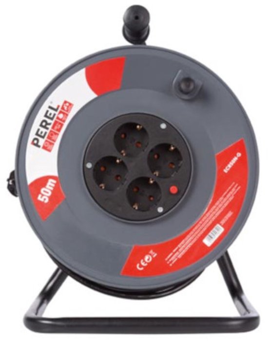 Perel Kabeltrommel, Innenbereich, 4 Steckdosen mit Schutzleiter, thermischer Schutz, Kabellänge 50 m, 3G1,5, grau
