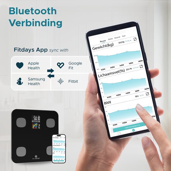 e.volve Waage Personenwaage Digital - 16 Messungen - Intelligente Waage mit Körperanalyse - Präzisionswaage - Waage - Digitale Waage - Inkl.