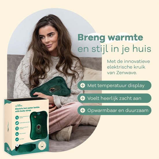 Zenwave Elektrische Wärmflasche mit Hülle – Digitalanzeige – Wärmflasche & Wasserflasche mit Handwärmern – Wiederaufladbares Wärmekissen – Menstruations-Wärmeband – Langlebig & kabellos – Camping & Outdoor – Wärmflasche, grün