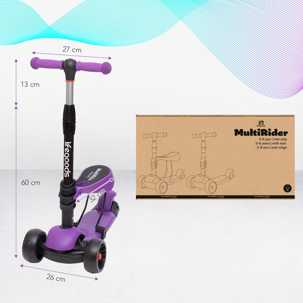 LifeGoods MultiRider Kinder-Roller - Stufe 3-8 Jahre - Verstellbarer Sitz - Leuchtende Räder - Jungen/Mädchen - Lila