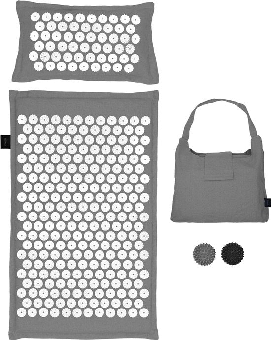 LifeGoods Akupressurmatte Eco - mit Kissen - Shakti Matte - Nagelmatte Inkl. 2x Triggerpunkt Ball und Tragetasche - 72x43x2cm - Grau/Weiß