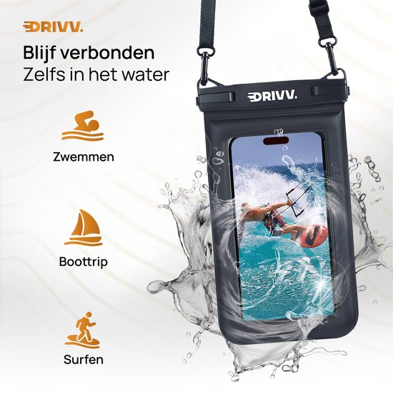 Drivv. Luxuriöse wasserdichte Handyhülle – schwimmfähig – doppelter Clipverschluss – zusätzlicher Schwamm – für Handys bis zu 6,8 Zoll – Unterwasser-Handyhülle – Schwarz