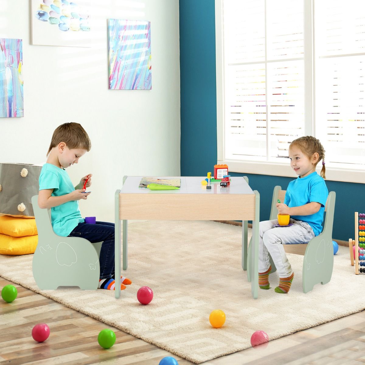 Coast 3-teilige Kindersitzgruppe – 4-in-1-Kindertisch mit 2 Stühlen und Stauraum – grün
