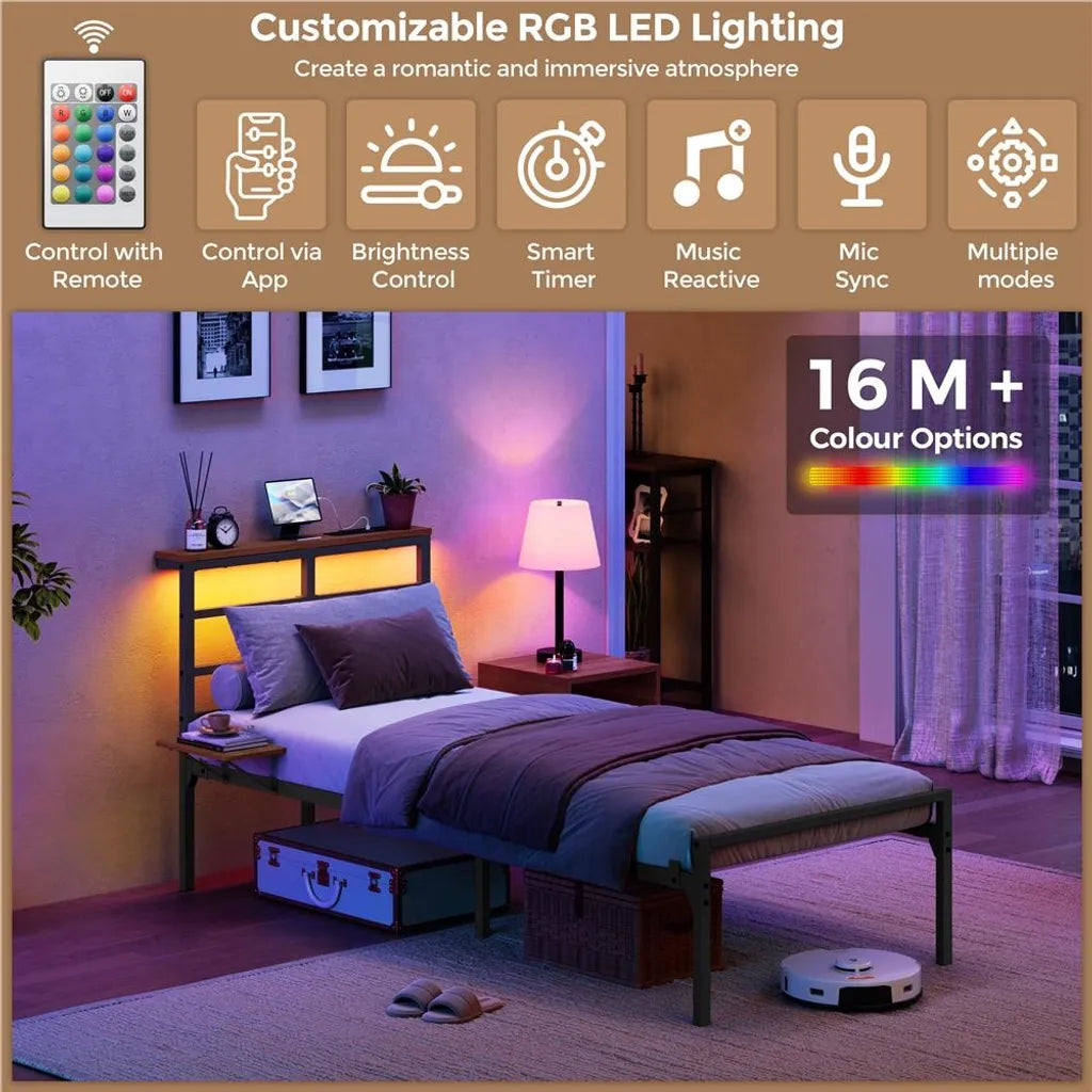 Yaheetech Metall-Bettgestell mit LED und Ladestation, 90 x 200 cm, schwarz