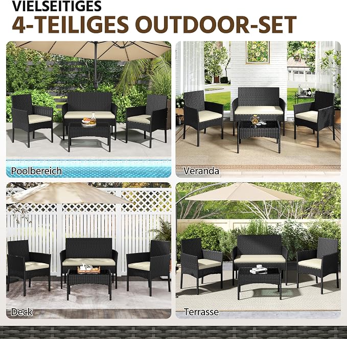 Yaheetech 4-teiliges Polyrattan-Lounge-Set – 2-Sitzer-Sofa, 2 Stühle & Glastisch – Schwarz/Grau