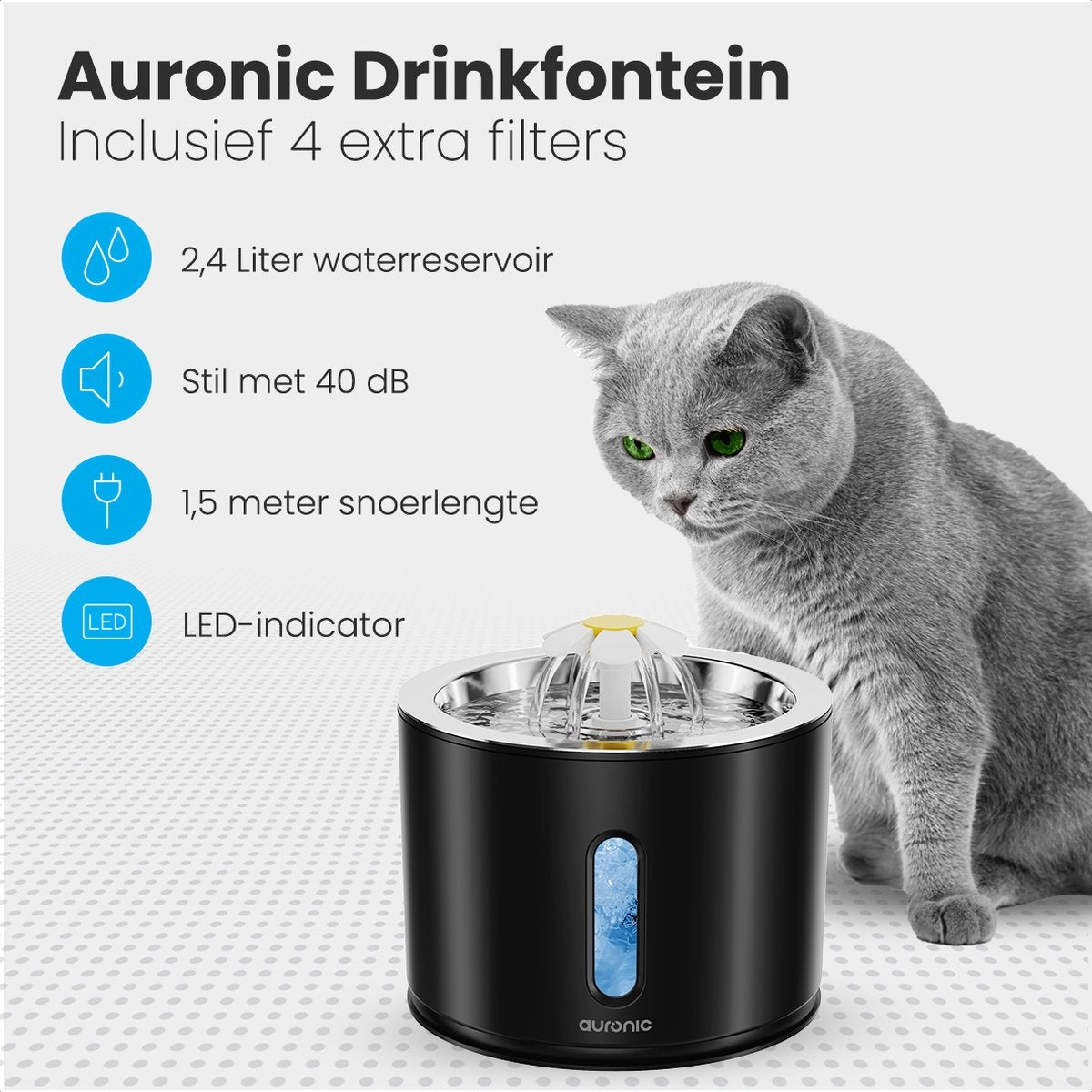Auronic Trinkbrunnen - Wasserbrunnen für Katzen und Hunde - 2.4L - Tiertränke - Inkl. 3 Filter und 2 Bürsten - Schwarz