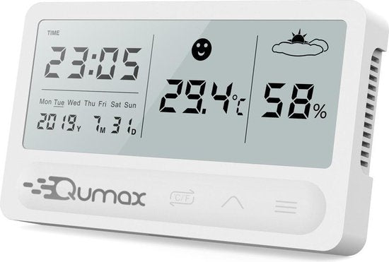 Qumax Digital Hygrometer - Raumthermometer - Luftfeuchtigkeitsmesser mit Halbjahresbatterie - Weiß