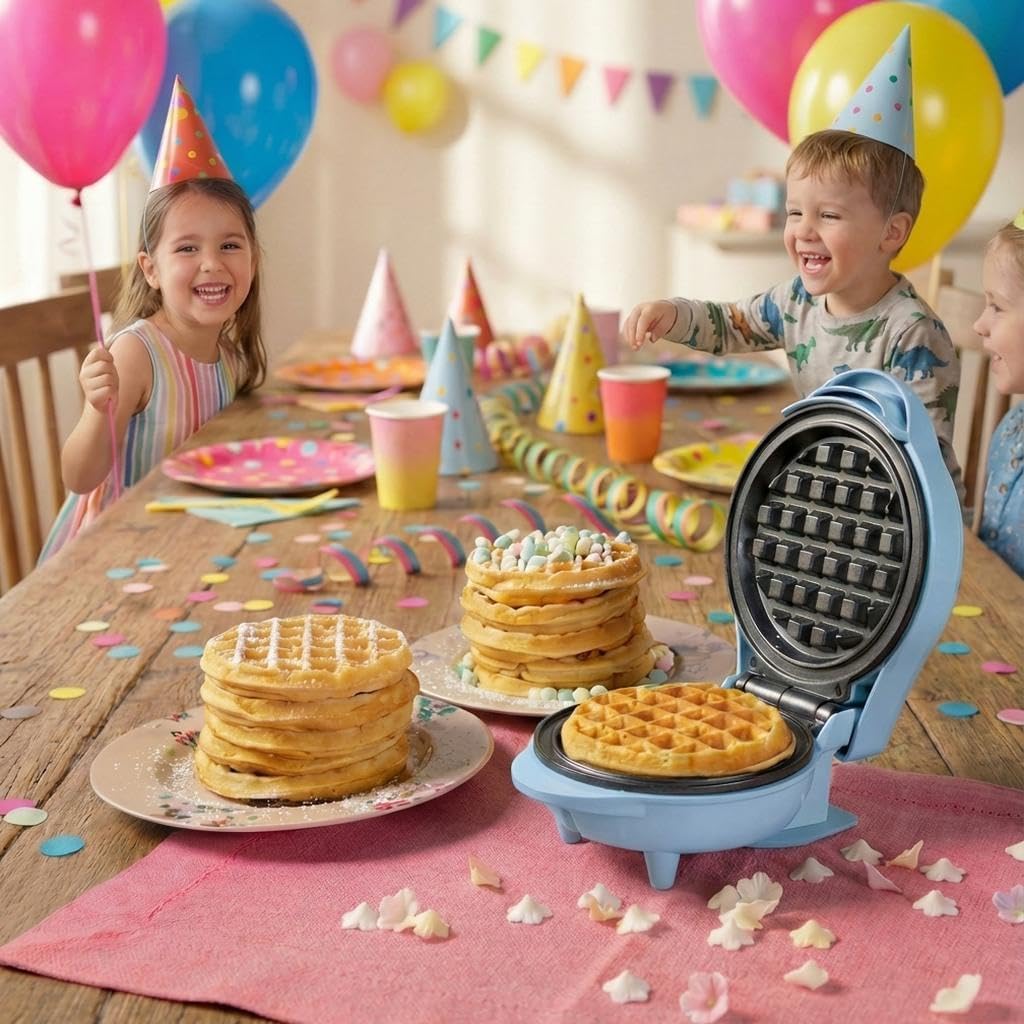 Bestron Mini-Waffeleisen im Retro-Design – Antihaftbeschichtung – Für Kinderfeste und Weihnachten – 550 Watt – 15,4 x 11,3 x 20,3 cm – Blau