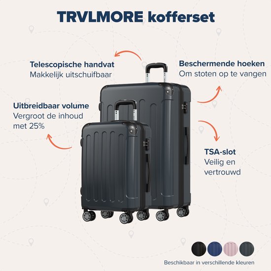 TRVLMORE - Kofferset - 2 Stück - 45L Handgepäck + 115L geräumiges Gepäck - TSA Schloss - Leichtgewicht - Reisekofferset - Dunkelgrau