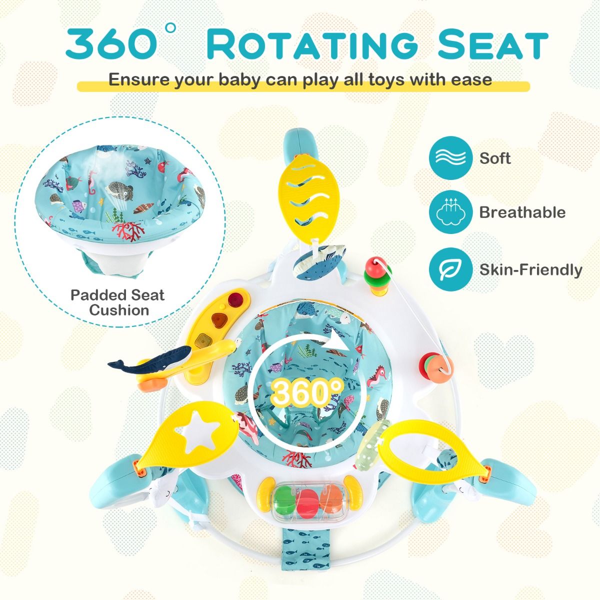 coast Baby Sky Jumperoo - Hellblau/Weiß - 87x87x94 cm - 3 Höhen, 360° drehbarer Sitz & interaktives Spielzentrum
