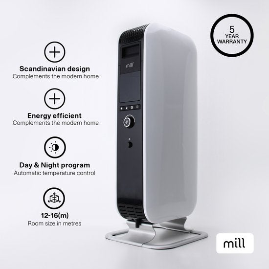 Mill AB-H1000DN – Design-Ölradiator – bis zu 16 m² – trocknet die Luft nicht aus – leise – weiß – 5 Jahre Garantie