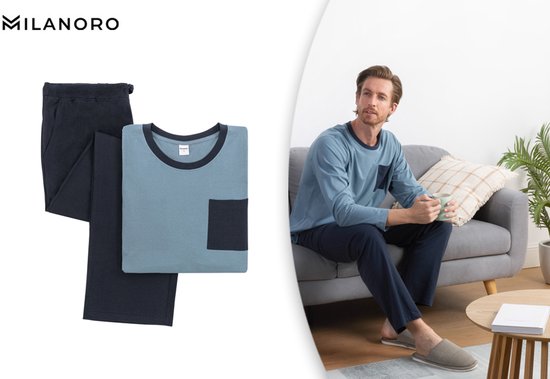Milanoro - Schlafanzug aus Baumwolle für Männer - Blau - XXL