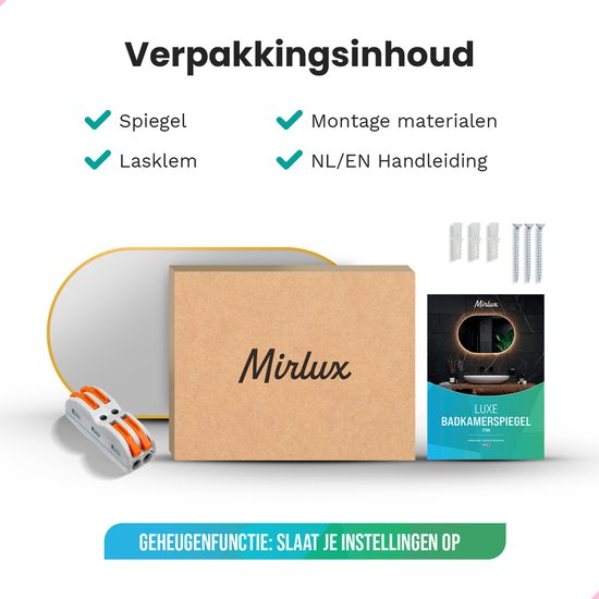 Mirlux Badezimmerspiegel mit LED-Beleuchtung & Heizung - Wandspiegel Oval - Goldrahmen - 90x50CM