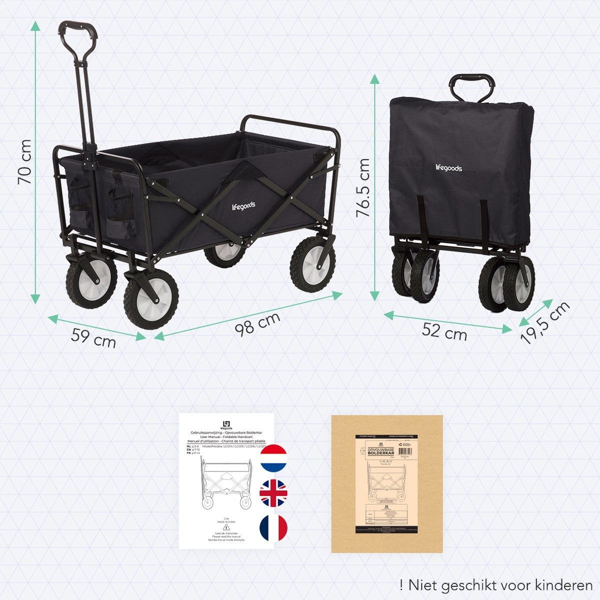 LifeGoods Bollerwagen - faltbar - drehbare Räder - 2 Ständer - 70kg Tragfähigkeit - Schwarz