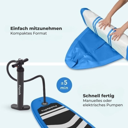 LifeGoods SUP Board - mit Sitz - Aufblasbares Paddle Board - Komplettset - Max. 135KG - 320x81cm - Blau