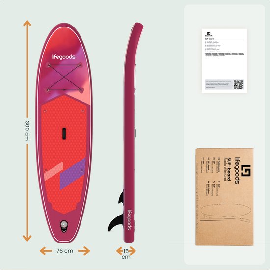 LifeGoods SUP Board All-round Compact - 100 KG Belastbarkeit - 300 x 76 cm - Aufblasbar - Komplettes SUP Paket - Rot/Lila
