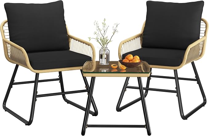 Yaheetech 3-teiliges Bistro-Set für den Garten – Beige/Schwarz – Rattan-Gartenset mit Glastisch und 2 Stühlen