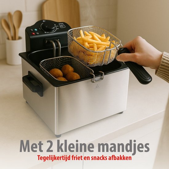 Alpina Frittierpfanne 5 Liter – Doppelte Fritteuse mit 3 Frittierkörben – Fritteuse mit einstellbarer Temperatur bis 190 °C – Frittierpfanne 2000 W – mit Sichtfenster – Edelstahl