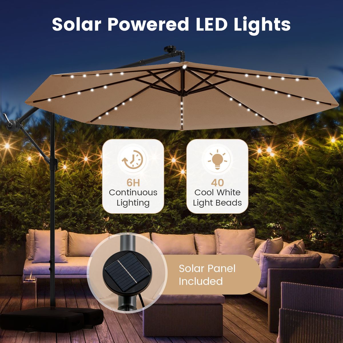 Coast Terrassenschirm mit solarbetriebener LED-Beleuchtung – verstellbarer Schwenkarm – beige – Ø 350 cm