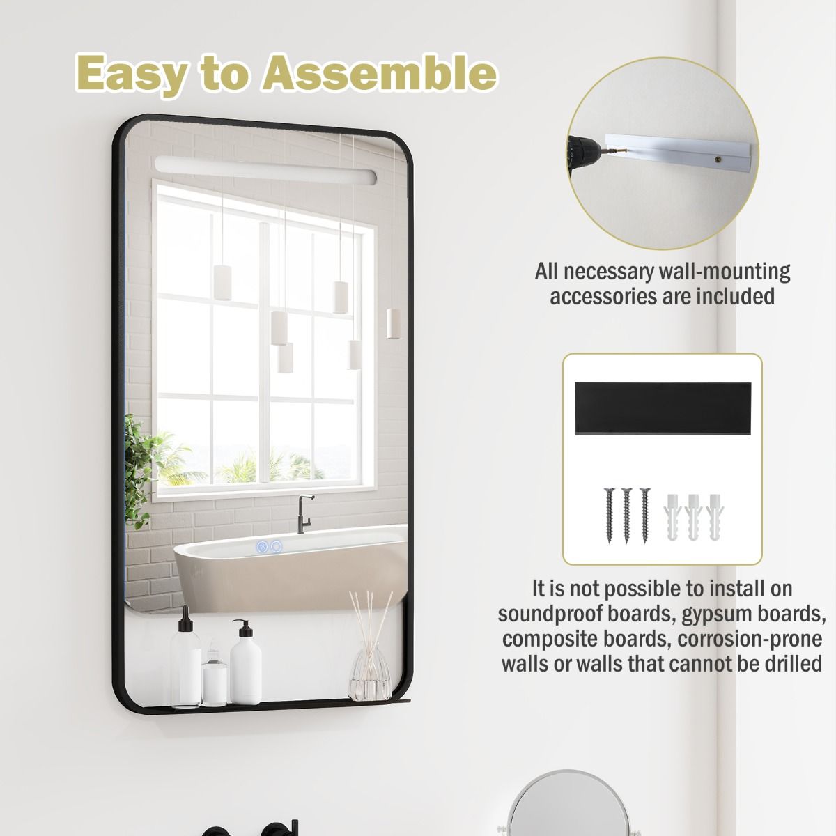 Coast LED-Badezimmerspiegel mit Ablage – Antibeschlagfunktion – einstellbare Farbtemperatur – schwarz – 88,5 x 50 cm