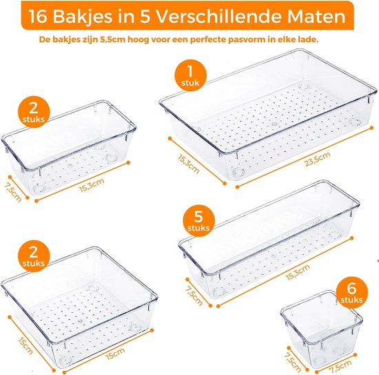 Posity Drawer Organizer - 16 Stück - Organizerschalen - Schubladenschalen - Aufbewahrungsschalen - Make-up-Organizer - Für Küche, Bad & Büro - Kunststoff - Transparent