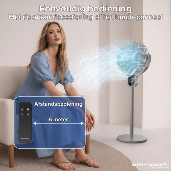 Erikssøn Standventilator – Leise und leistungsstark, 45 W – 8 Geschwindigkeitsstufen – Verstellbar – Standventilator – Grau