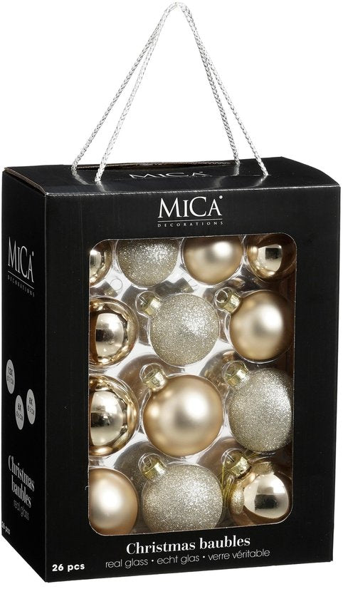 Mica Decorations Weihnachtskugeln – 26 Stück – Weihnachtsschmuck für den Weihnachtsbaum – Glänzende und glitzernde Ornamente – Spitzen und Kugeln in verschiedenen Größen – Ø 7 cm – Cremefarben