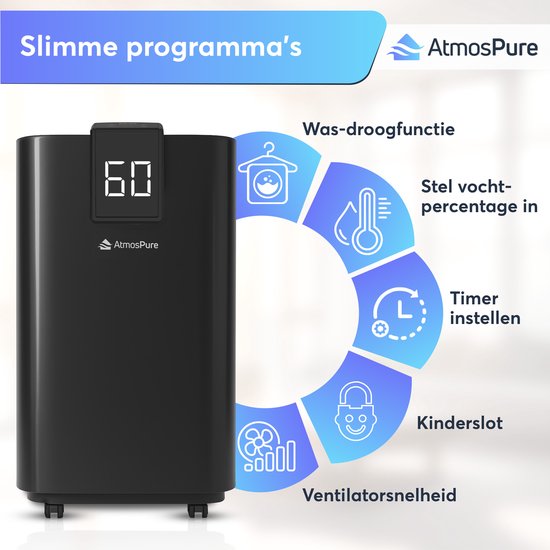 AtmosPure® Luftentfeuchter AirDry Elite - 12 l pro Tag - Waschtrockenfunktion - Luftreiniger perfekt für Waschküche, Bad, Wohnzimmer und Keller - Schwarz - Luftentfeuchter