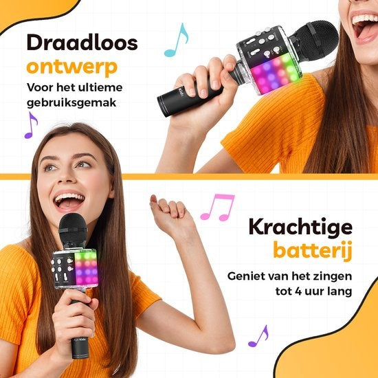AyeKids 5-in-1 Karaoke-Mikrofon - Drahtlos & Bluetooth - Eingebauter Lautsprecher & Disco-Lichter - Inkl. AUX-Kabel - Mikrofon Kinder - Karaoke-Set - Schwarz