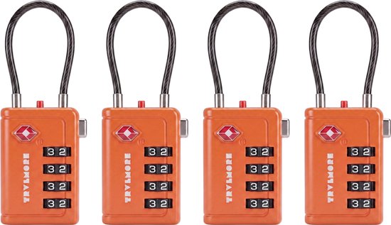 TRVLMORE Kofferschloss mit Kabel – TSA-zertifiziert – Alarmfunktion – 4-stellig – 4 Stück – Orange