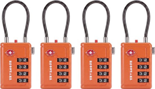 TRVLMORE Kofferschloss mit Kabel – TSA-zertifiziert – Alarmfunktion – 4-stellig – 4 Stück – Orange