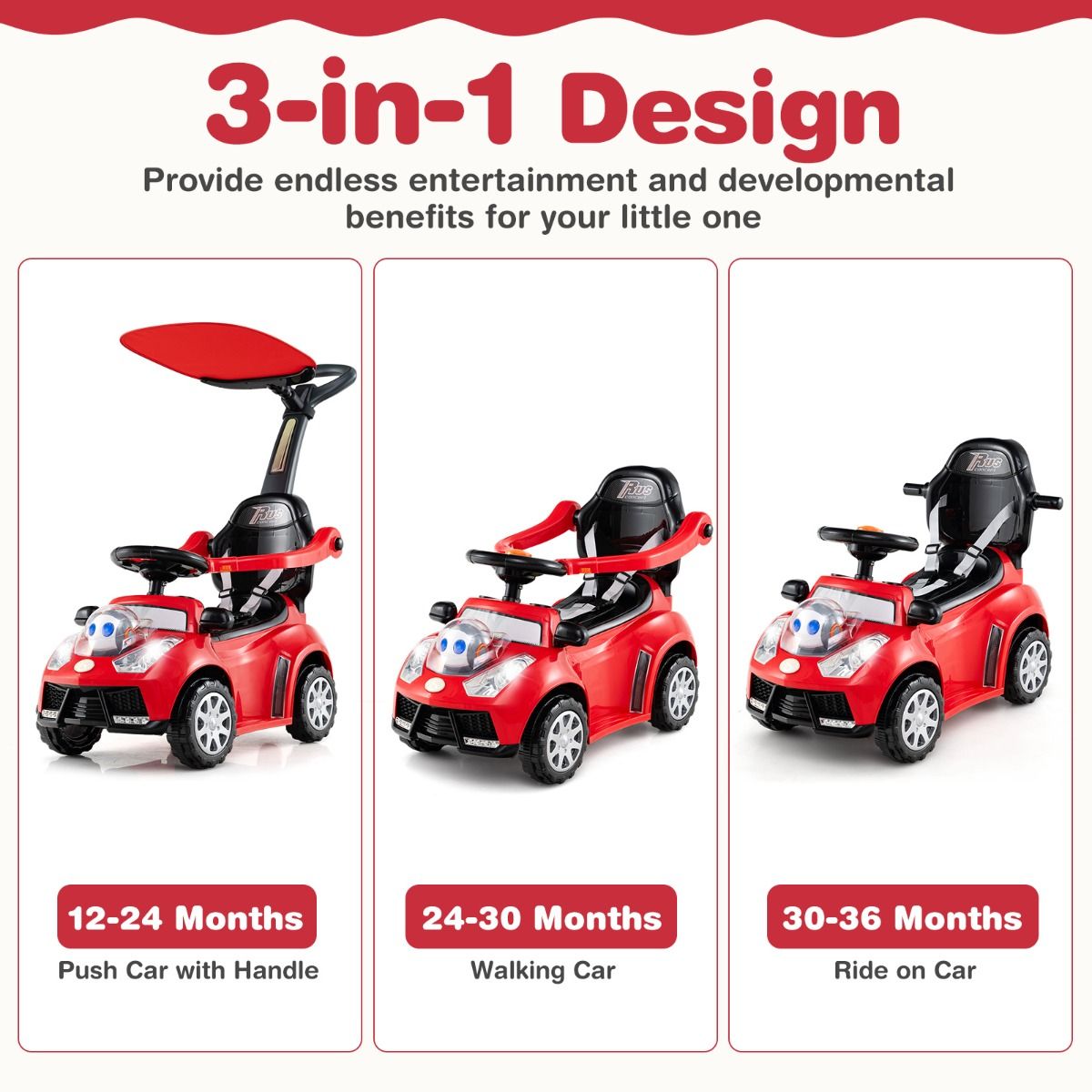 Coast 3-in-1-Laufwagen mit Schiebestange – Stauraum – verstellbarer Sonnenschutz – rot